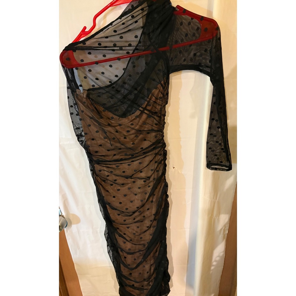 White Fox Boutique Black Sheer Dotted Mesh Asymmetric One Sleeve Dress XS NWT